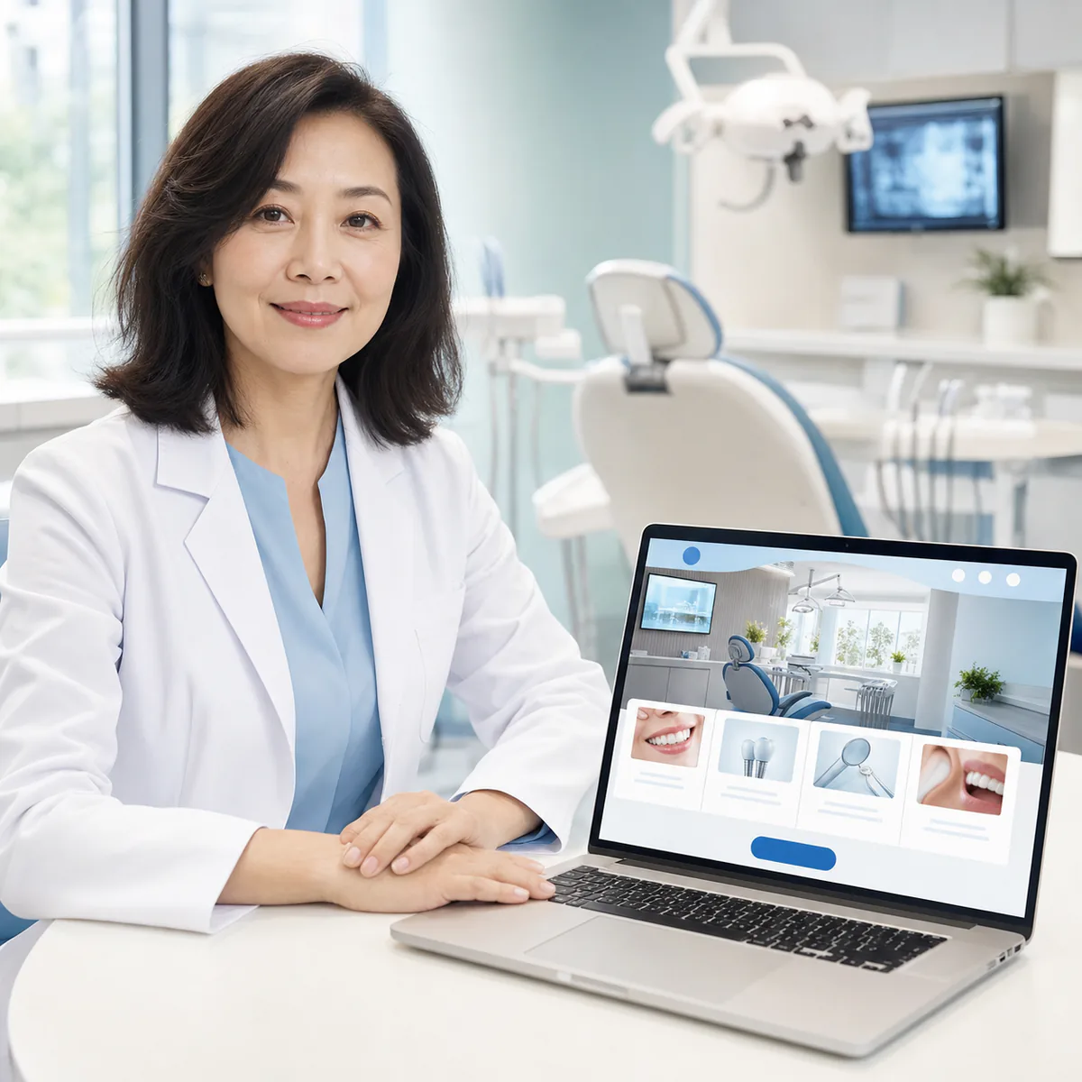 Dentist reviewing a modern dental practice website on a laptop in her clinic