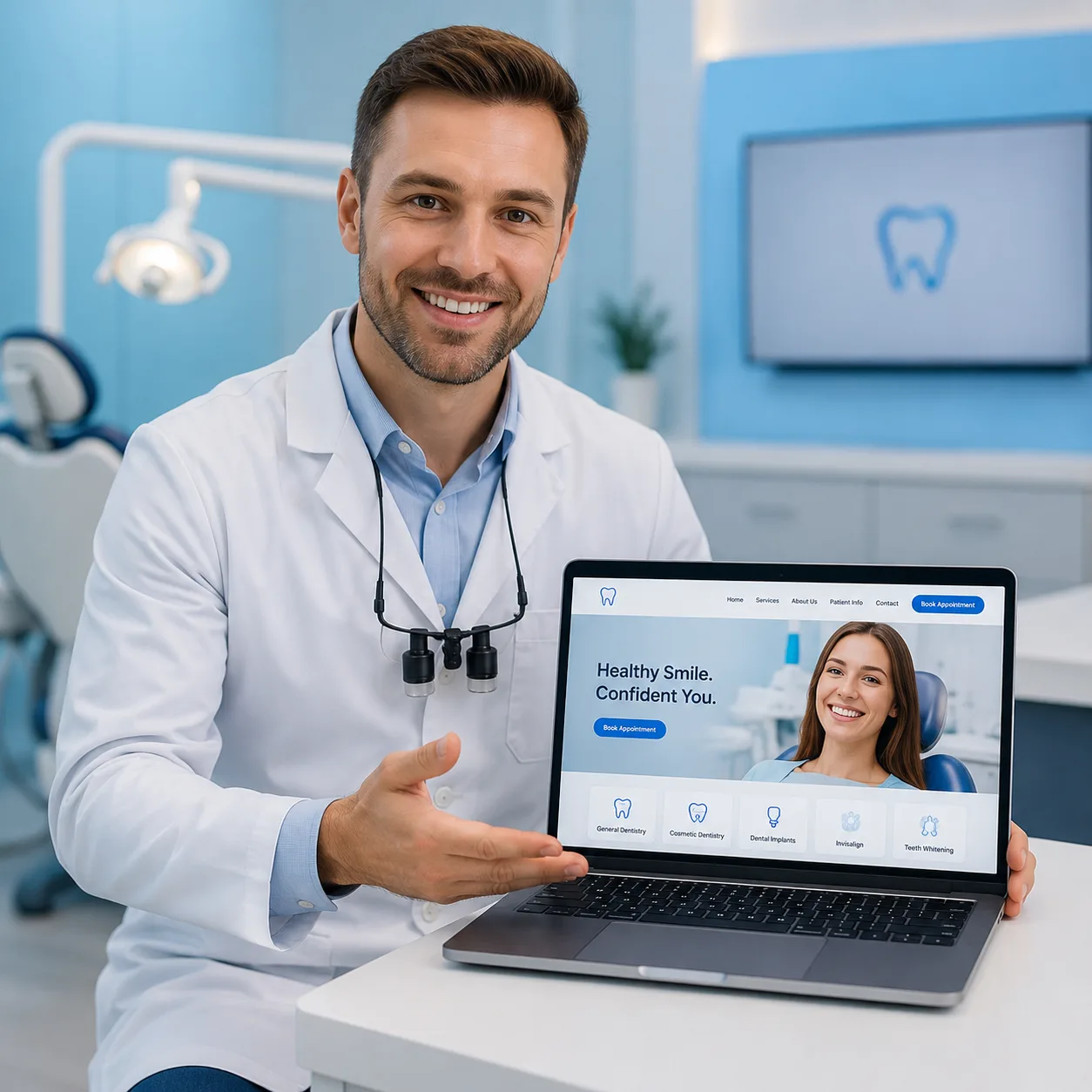 Dentist presenting a custom dental practice website on a laptop