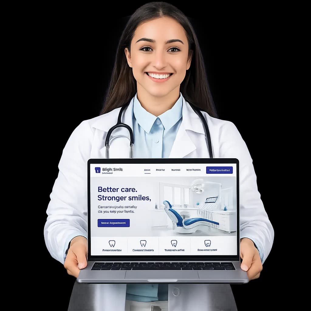 Dentist holding a laptop that displays a new dental practice website