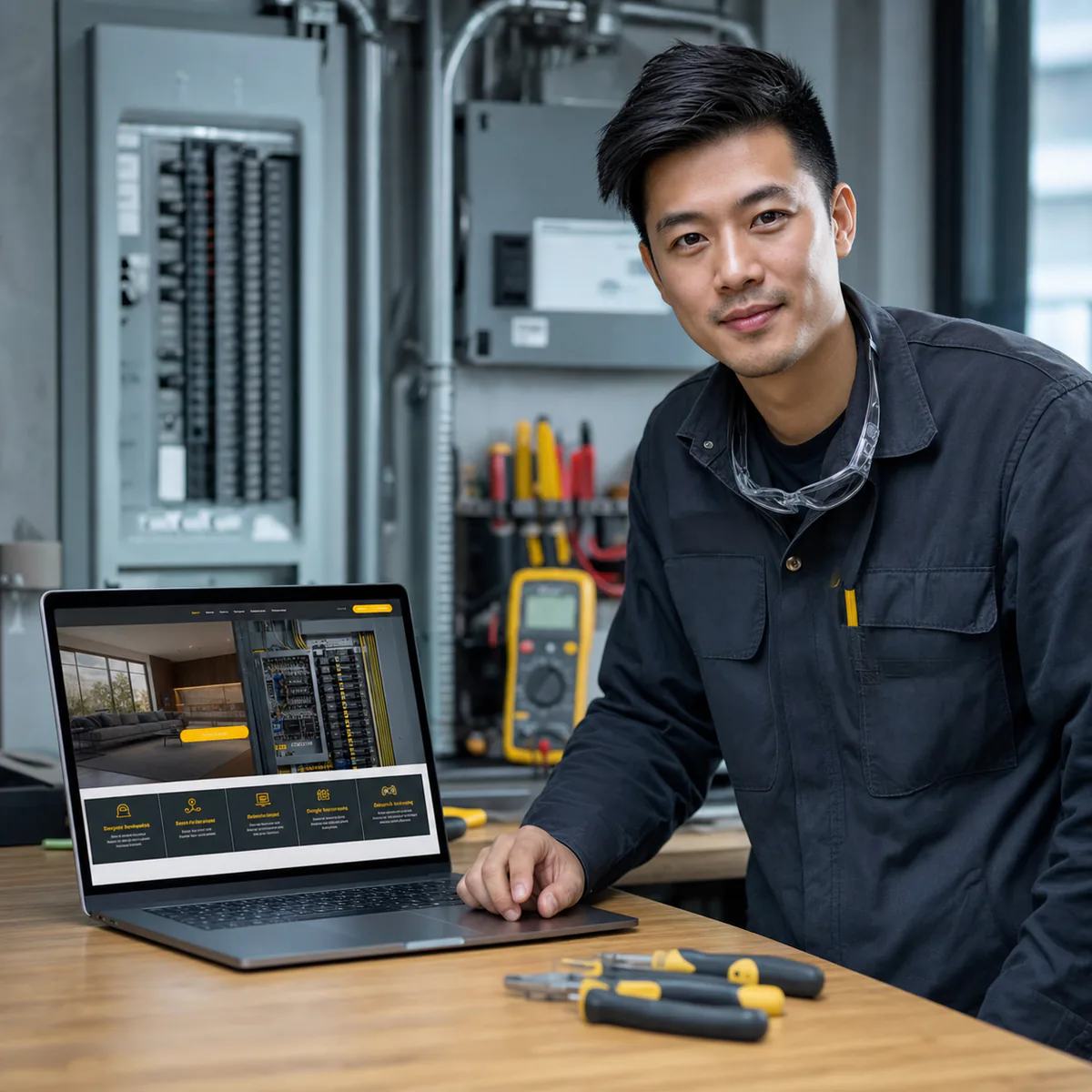 Electrician reviewing an electrical company website on a laptop in his workshop