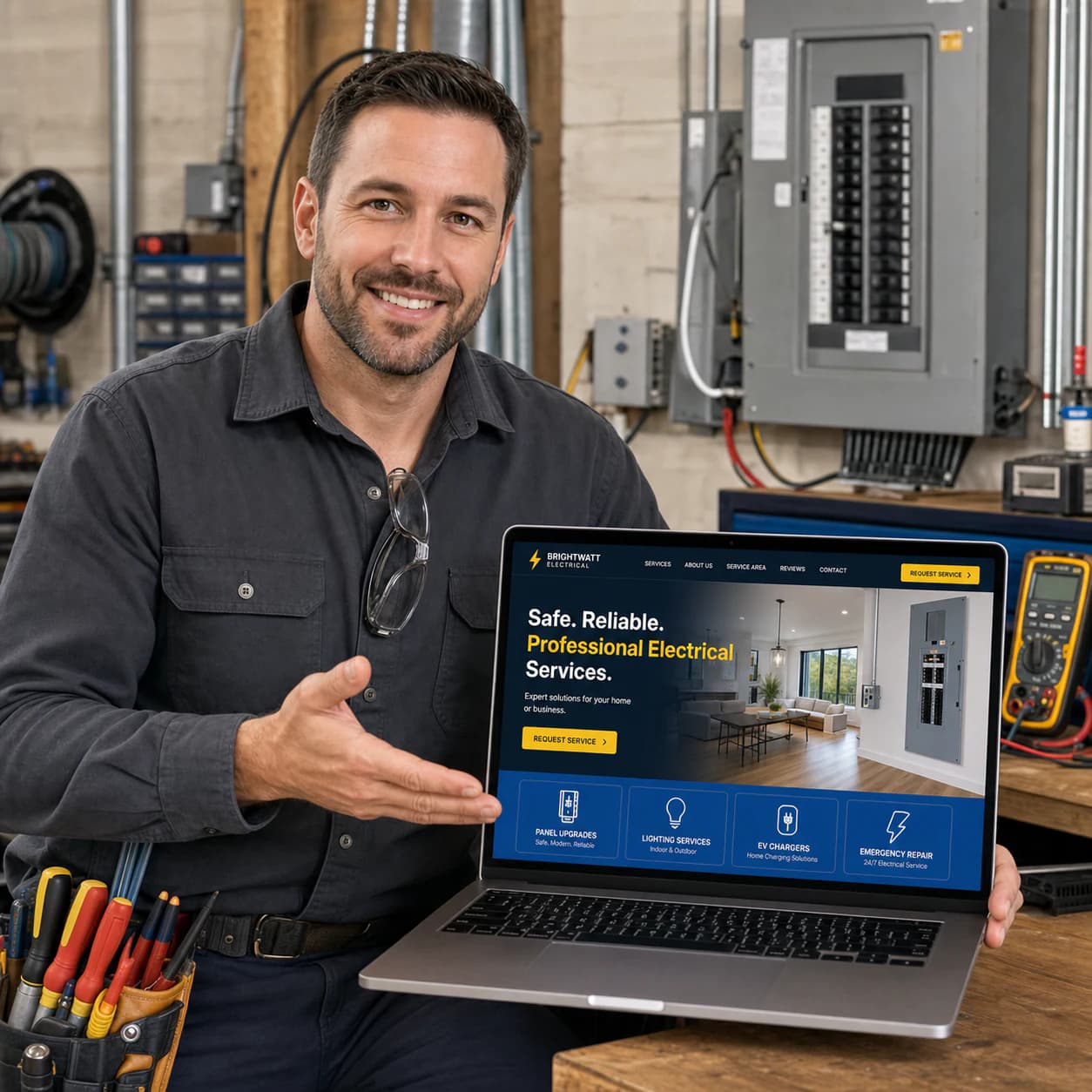 Electrician presenting his electrical company website on a laptop