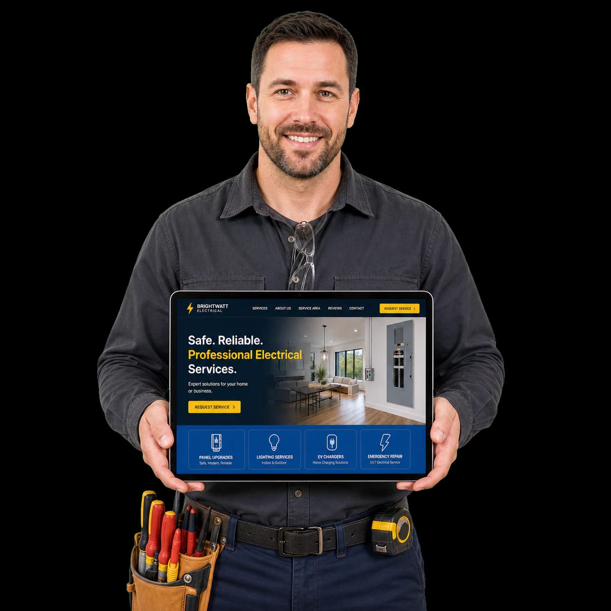 Electrician holding a tablet that displays a new electrical company website