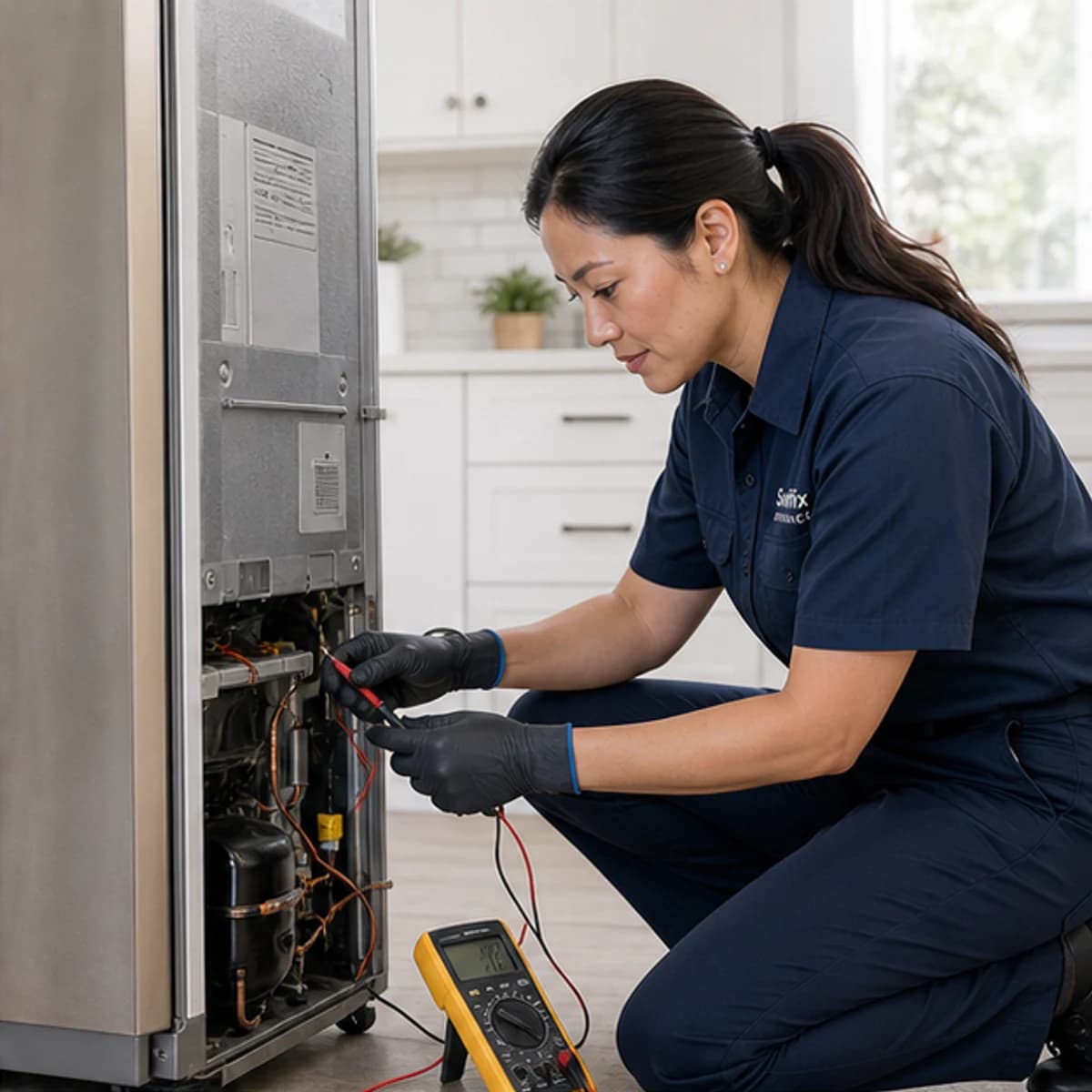Appliance technician diagnosing a refrigerator in a bright kitchen