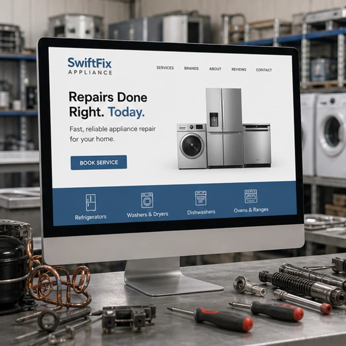 SwiftFix Appliance website displayed on a desktop monitor in a repair workshop