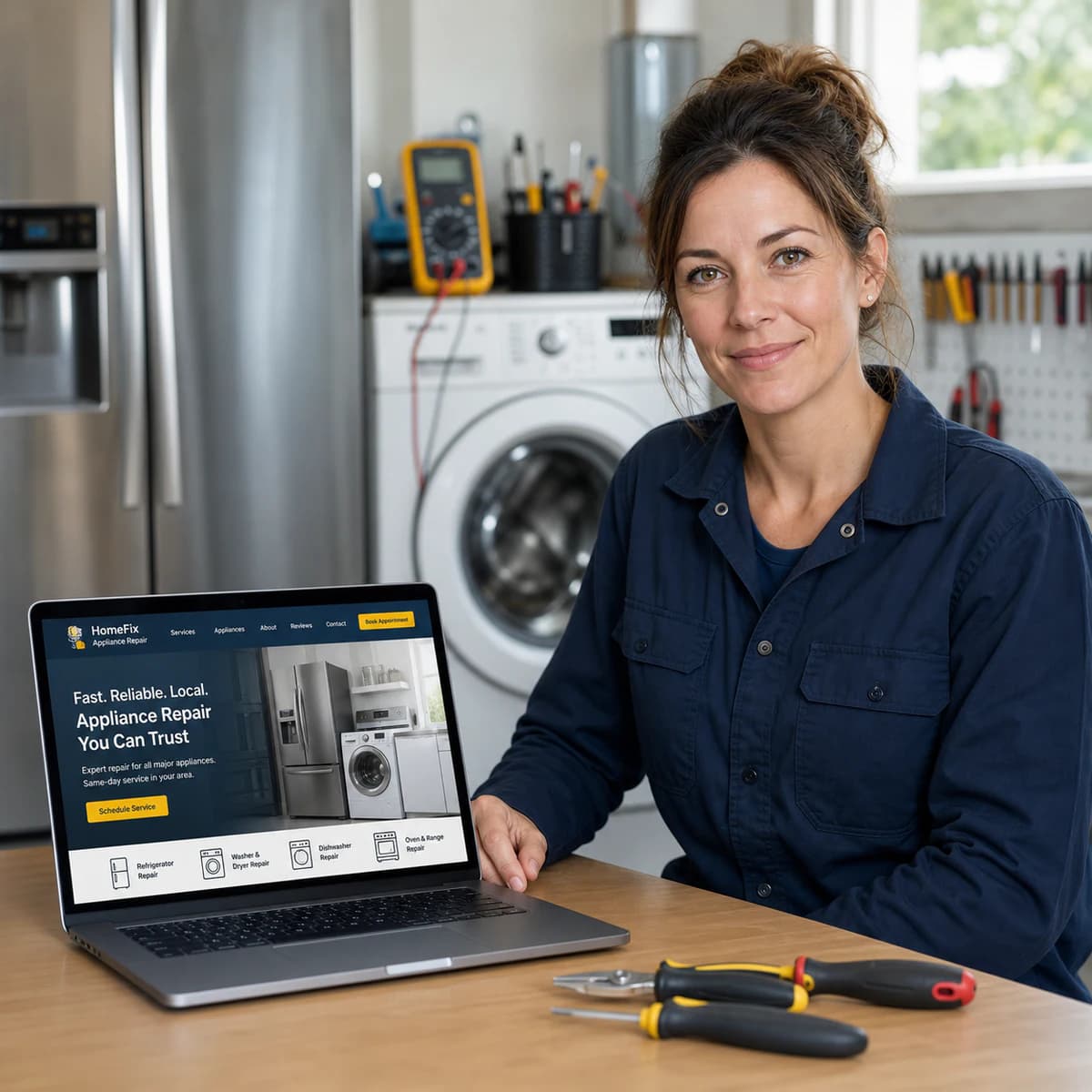 Appliance repair technician presenting a service website beside household appliances