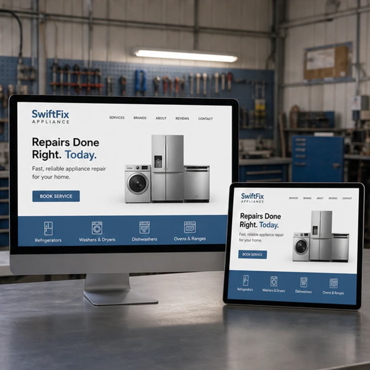 SwiftFix Appliance website displayed on a desktop monitor and tablet