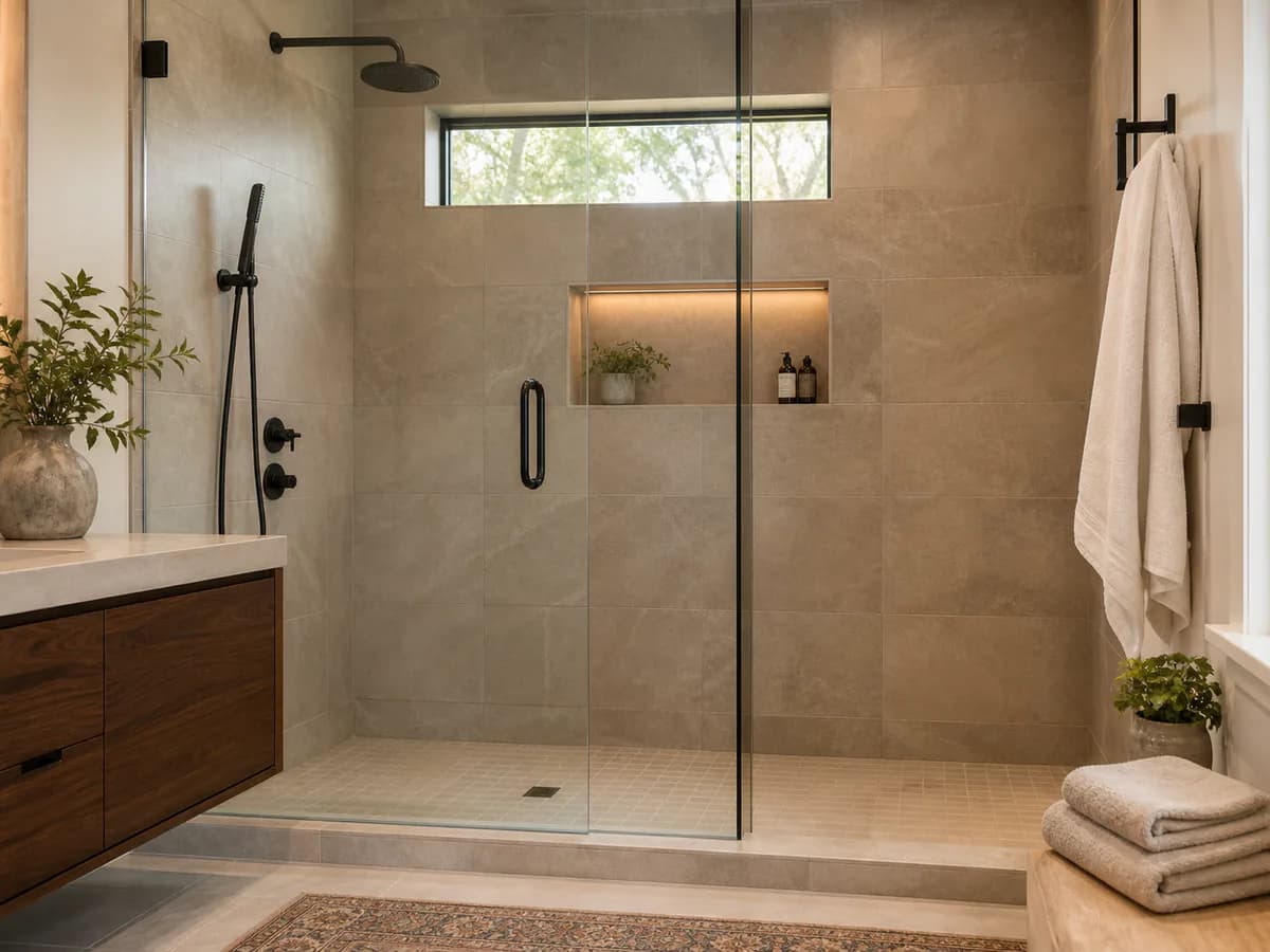 Completed walk-in shower remodel with warm tile and matte black fixtures
