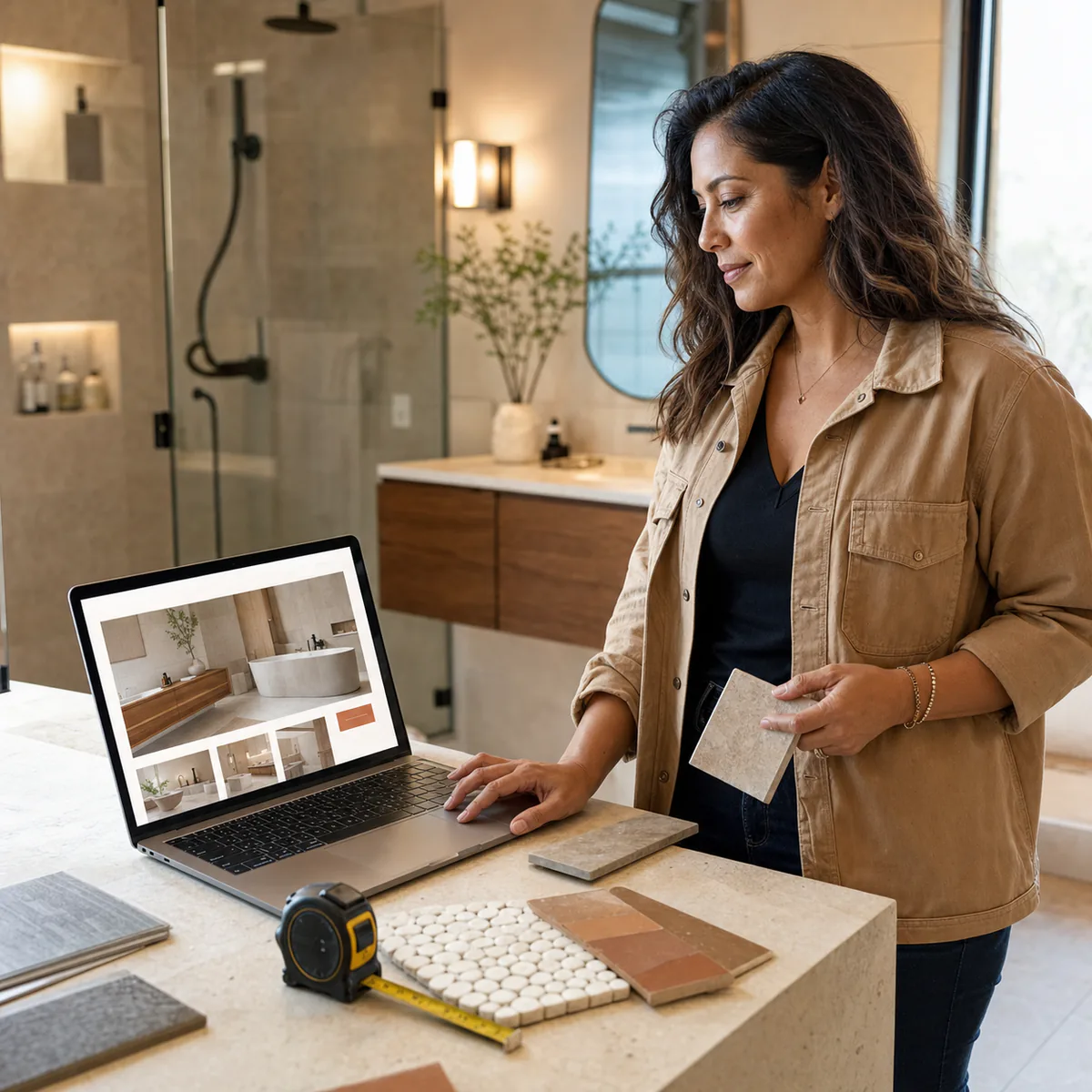 Bathroom remodeling professional reviewing her company website in a finished bathroom