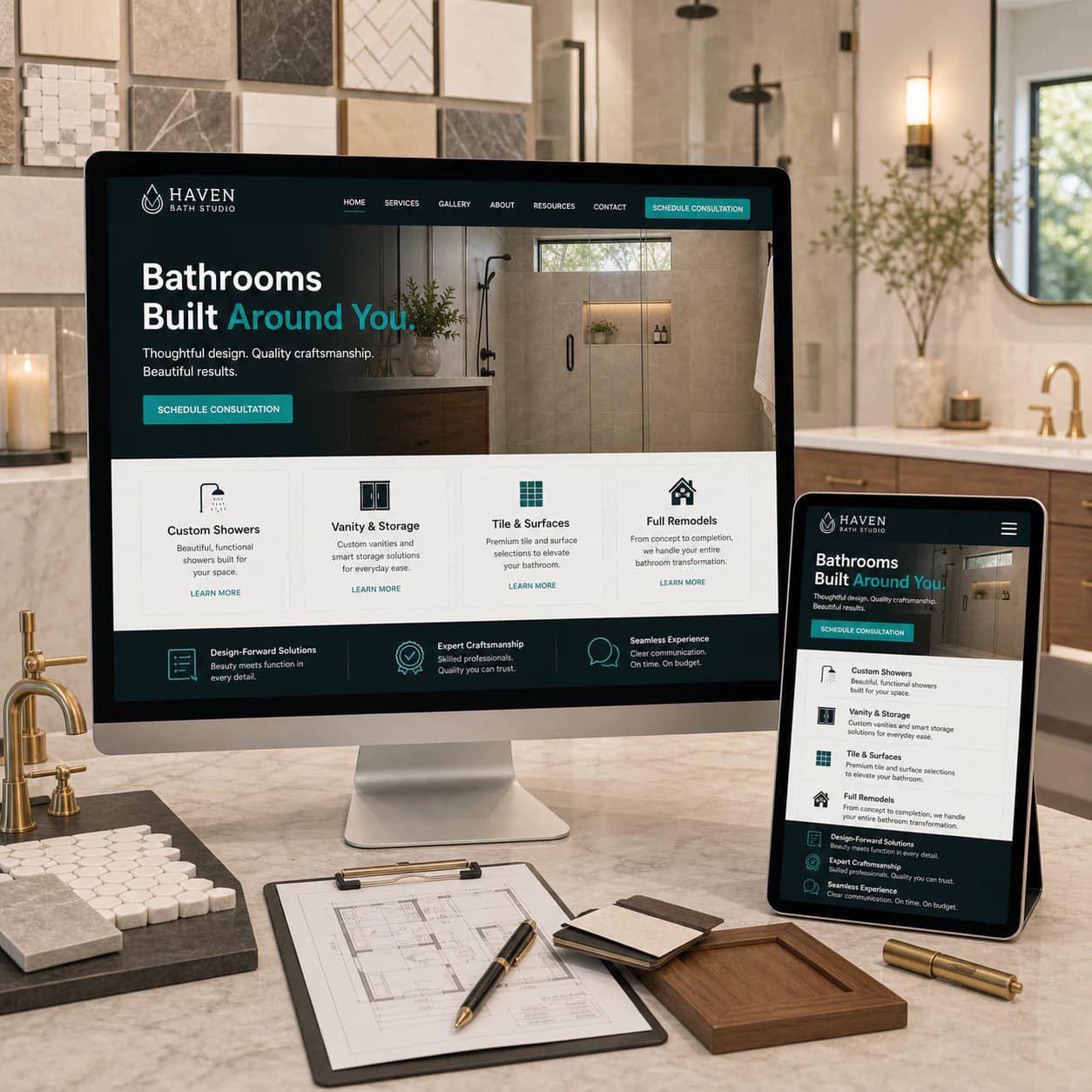 Haven Bath Studio website displayed on a desktop monitor and tablet