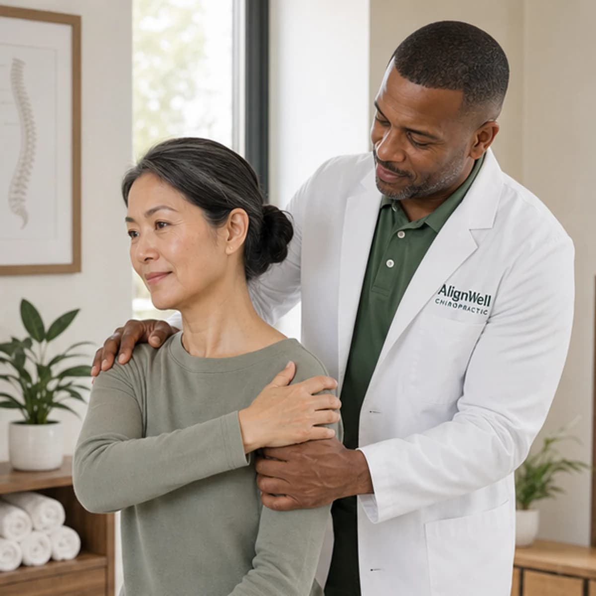Chiropractor performing a gentle shoulder assessment for a patient