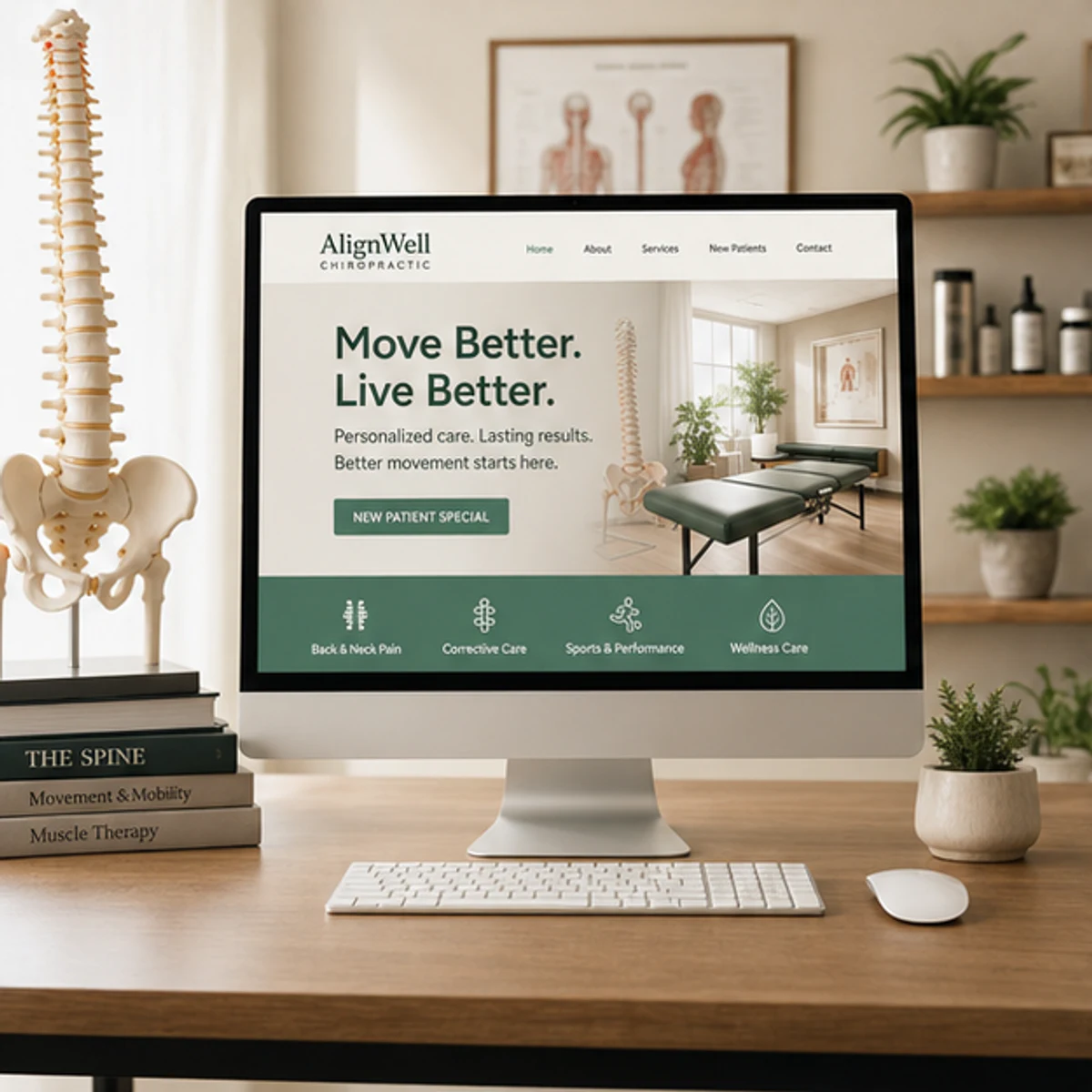 AlignWell Chiropractic website displayed on a desktop monitor