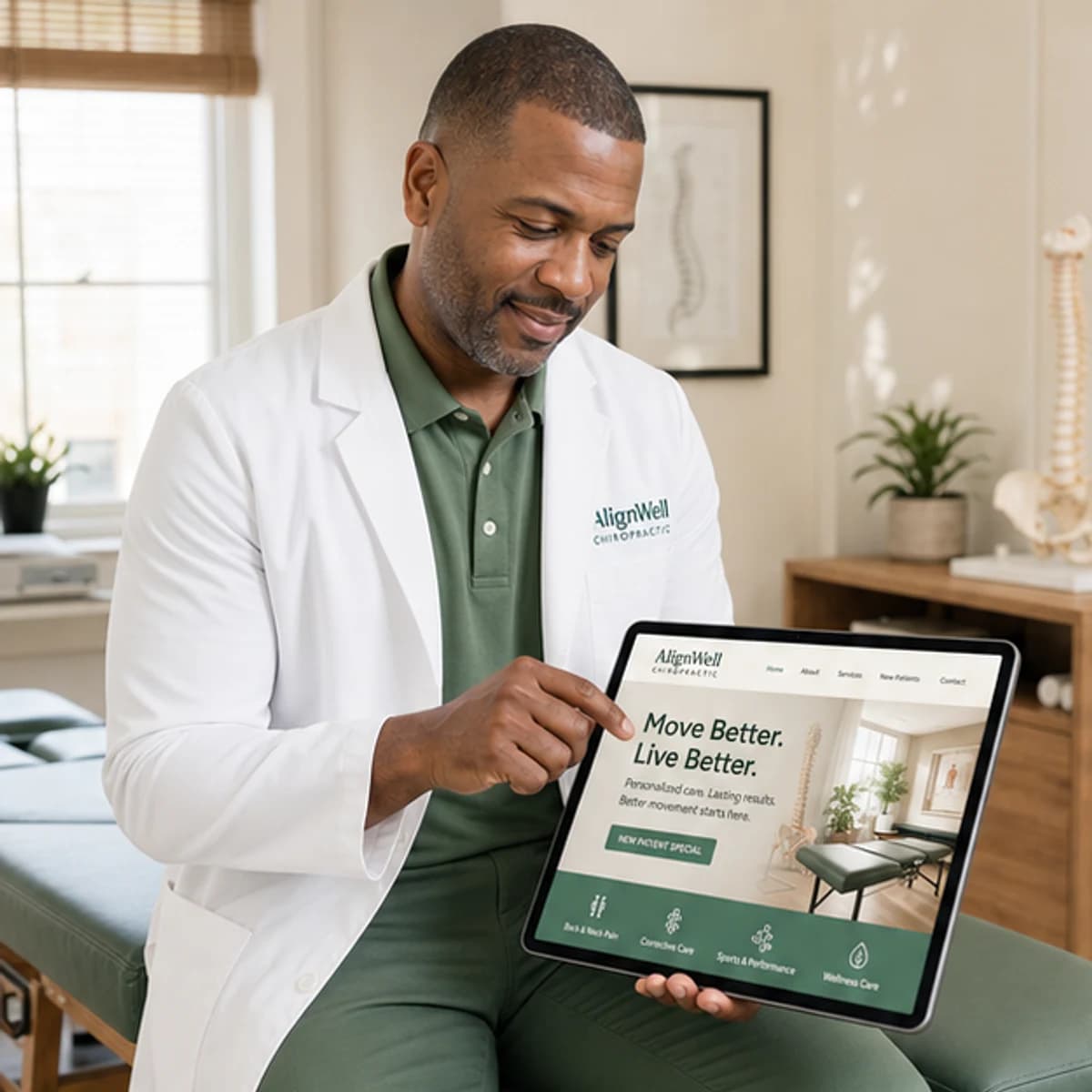 Chiropractor reviewing the AlignWell website in a treatment room
