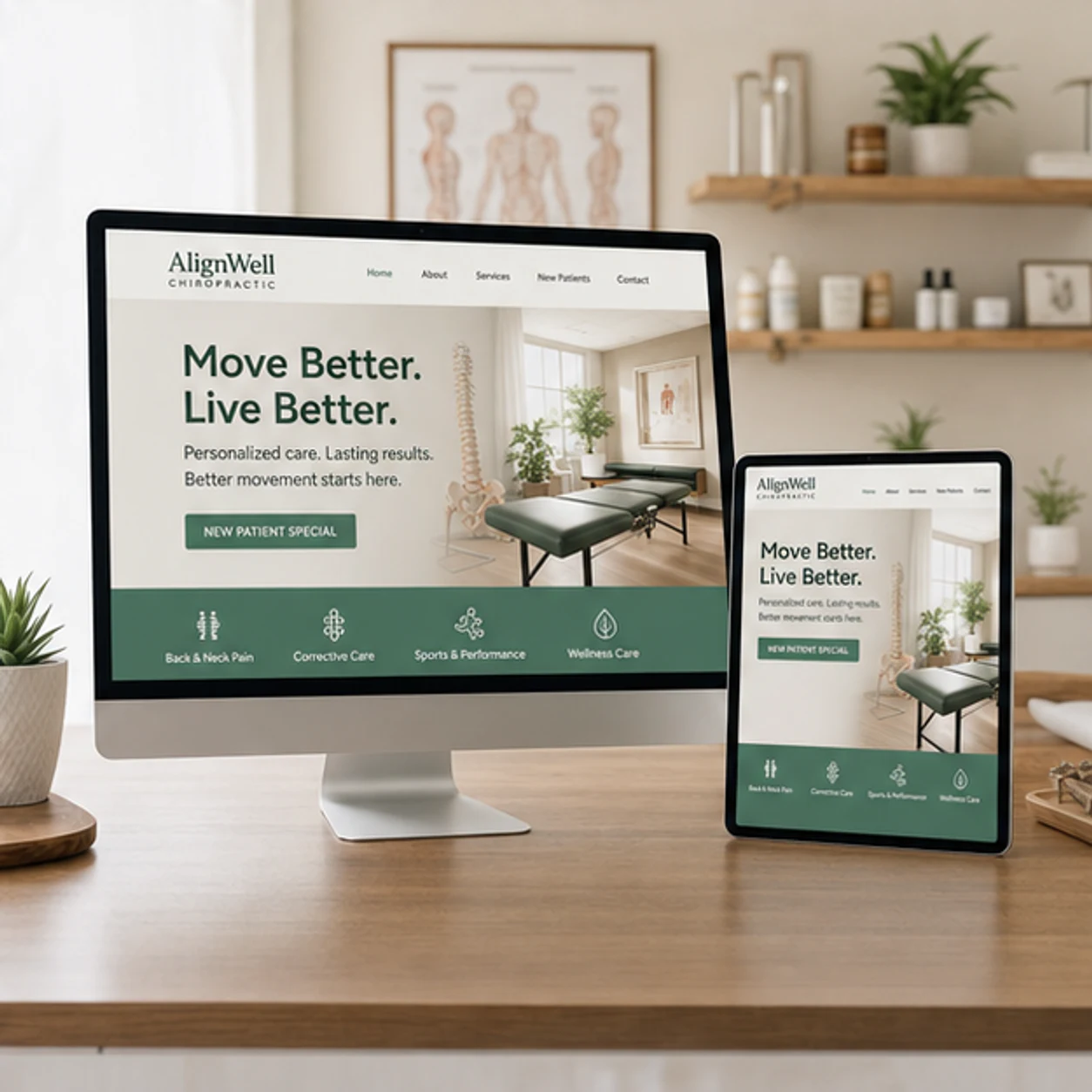 AlignWell Chiropractic website displayed on a desktop monitor and tablet