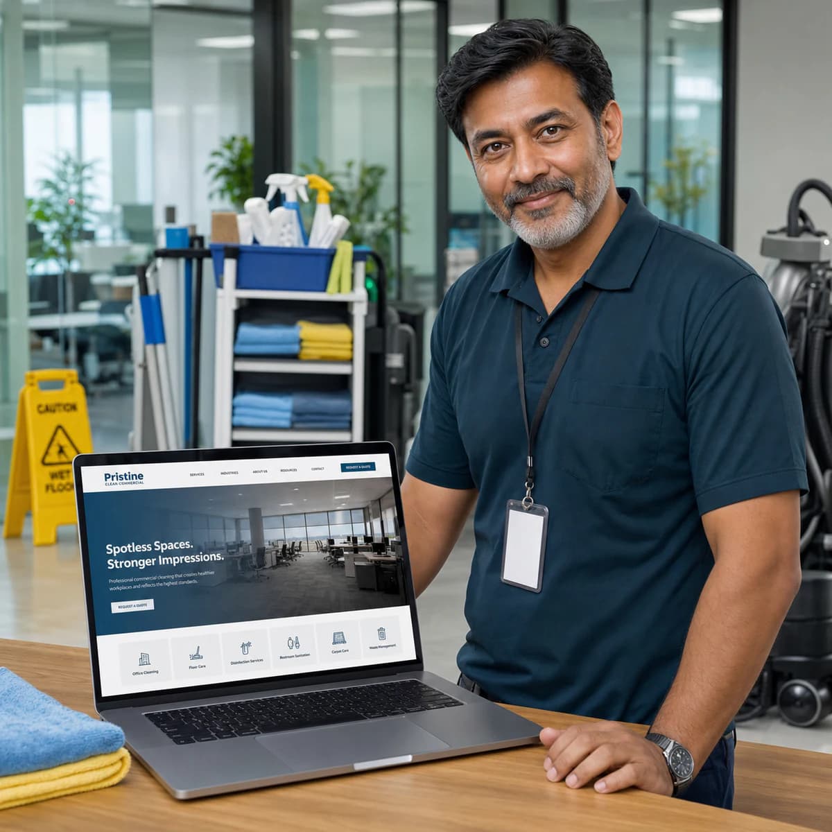 Commercial cleaning supervisor presenting a service website in a modern office