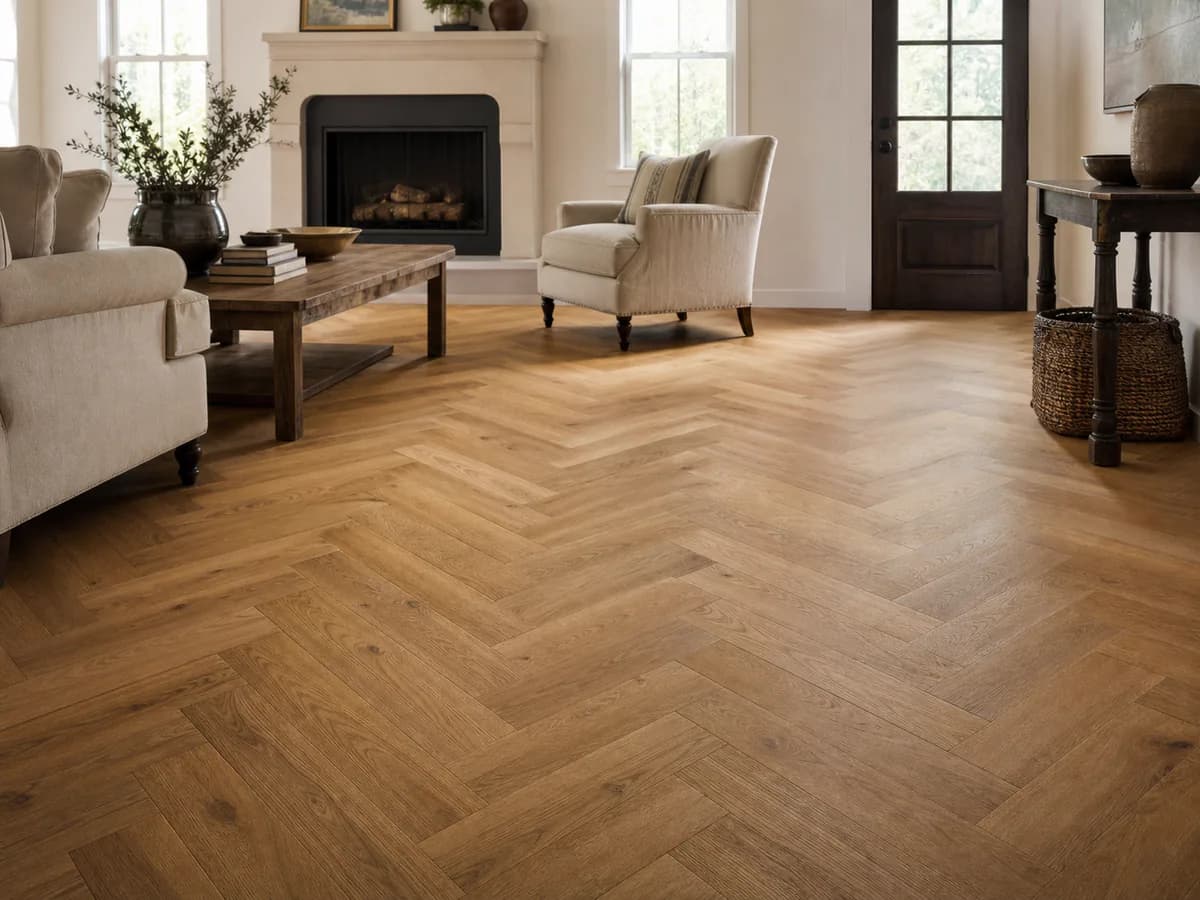 Completed herringbone hardwood flooring installation in a bright living room