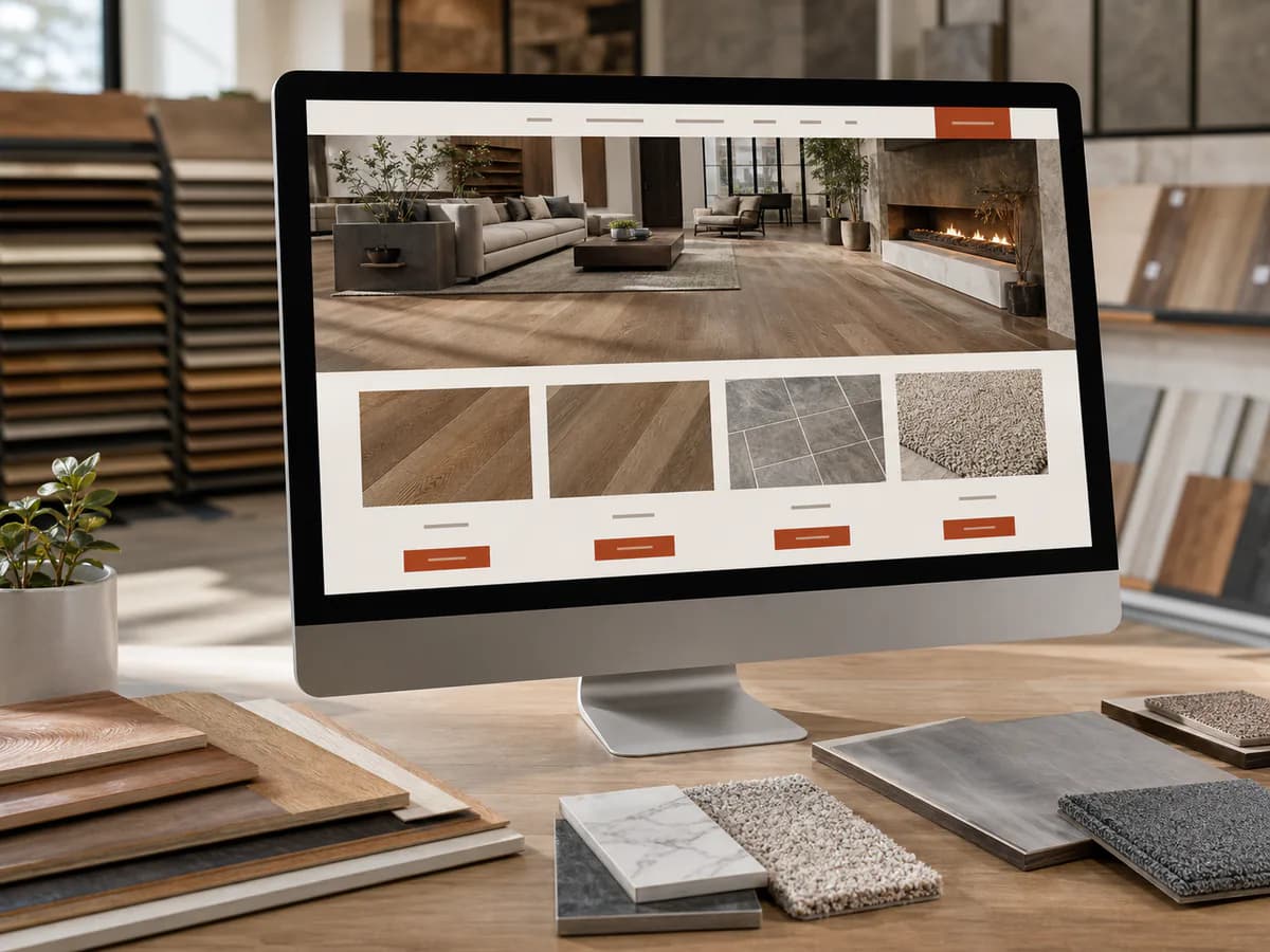 Flooring company website displayed on a desktop monitor in a showroom