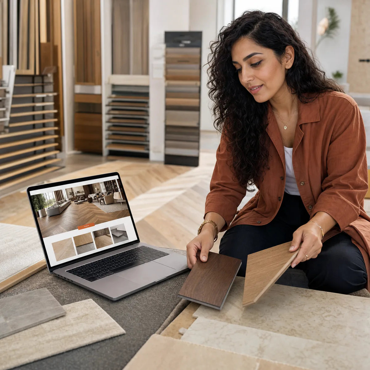 Flooring specialist reviewing her company website while comparing material samples