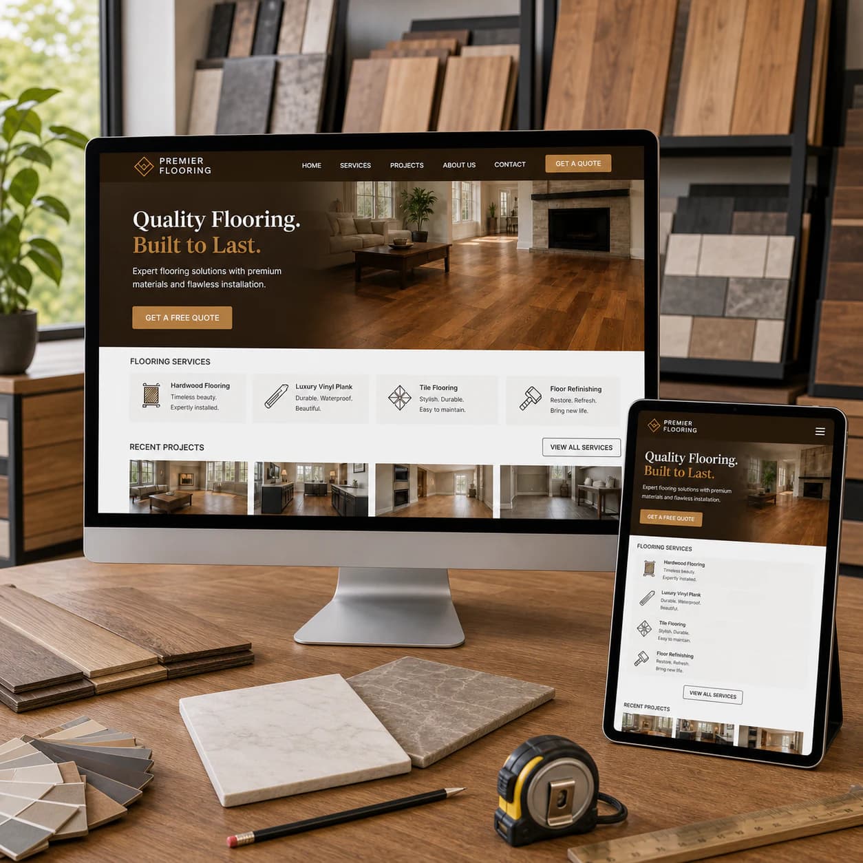 Flooring contractor website displayed on a desktop monitor and tablet