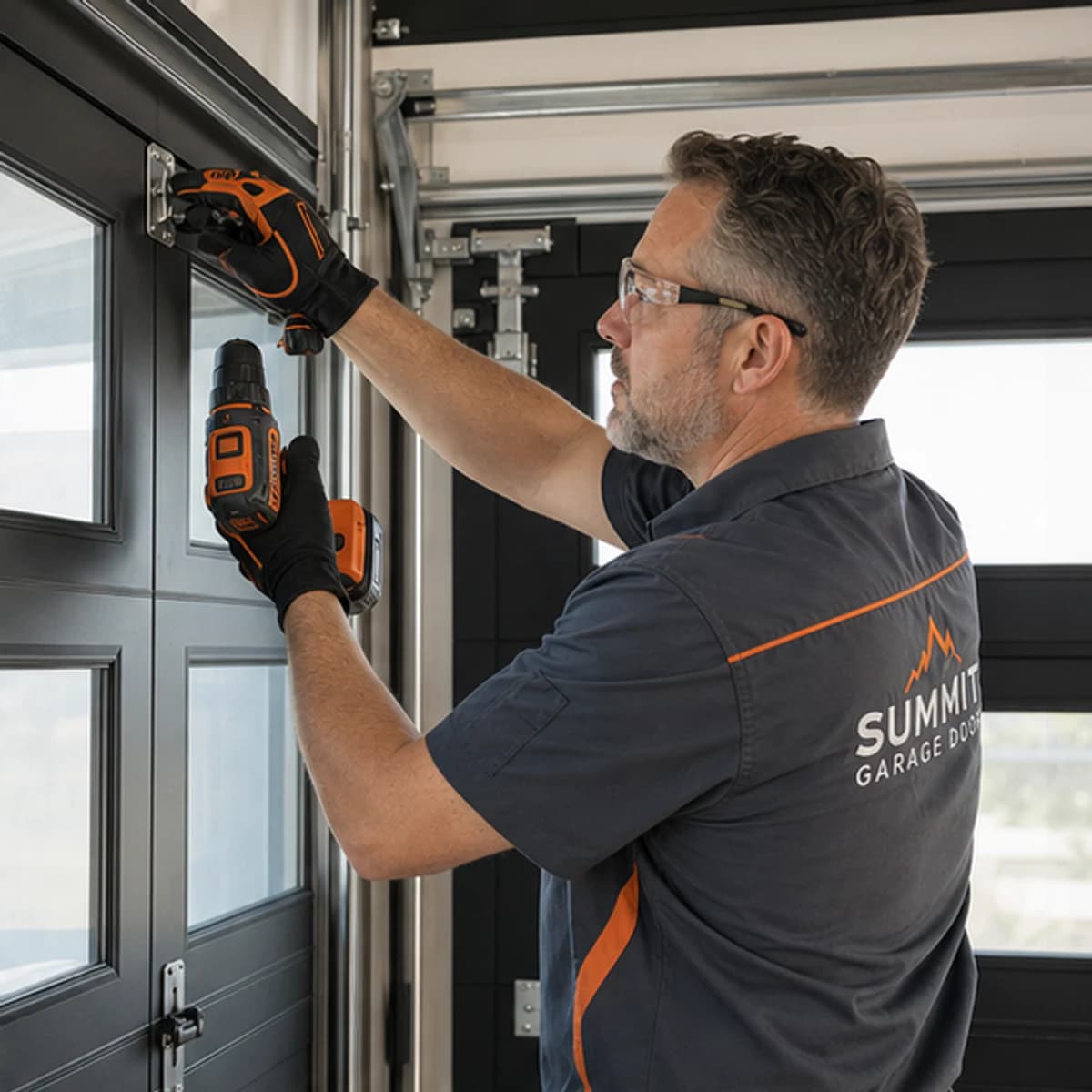Technician installing and aligning a modern garage door