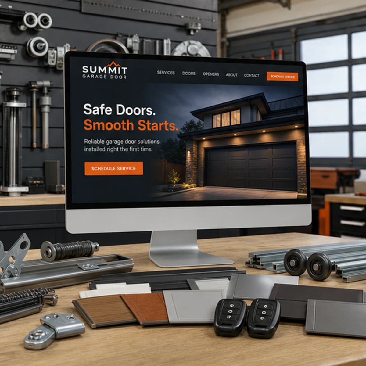 Summit Garage Door website displayed on a desktop monitor