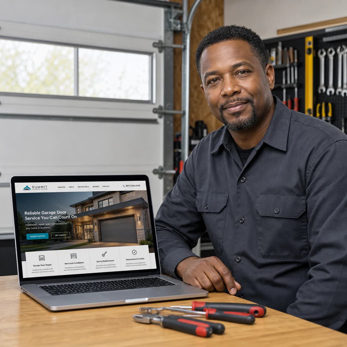 Garage door technician presenting a service website from his workshop