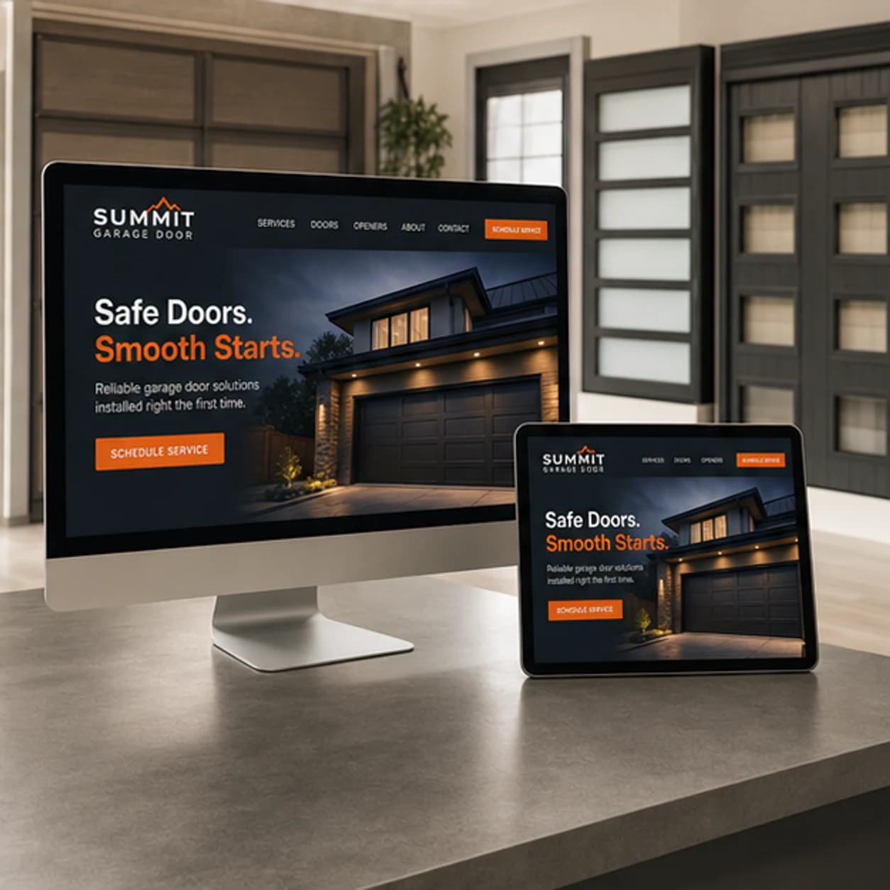 Summit Garage Door website displayed on a desktop monitor and tablet