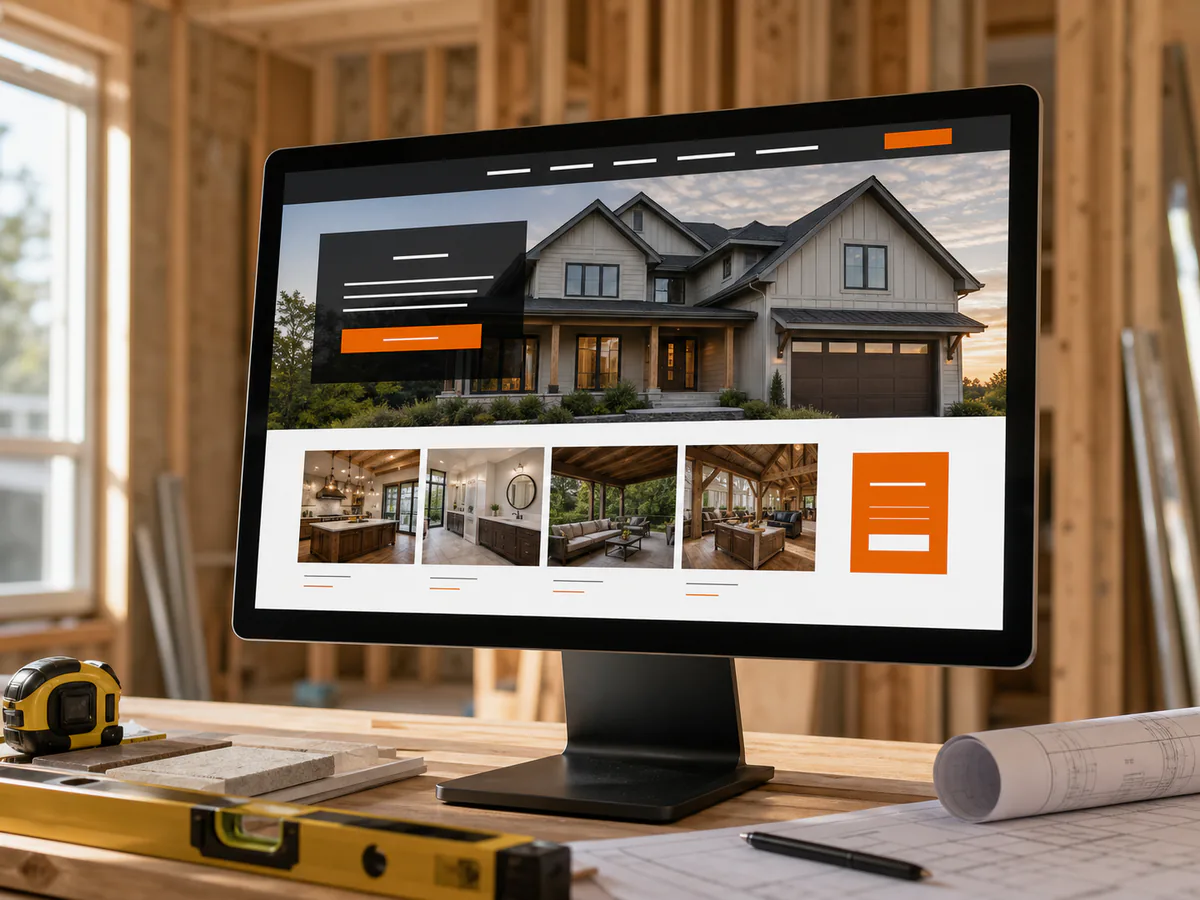 General contractor website displayed on a desktop monitor at a job site