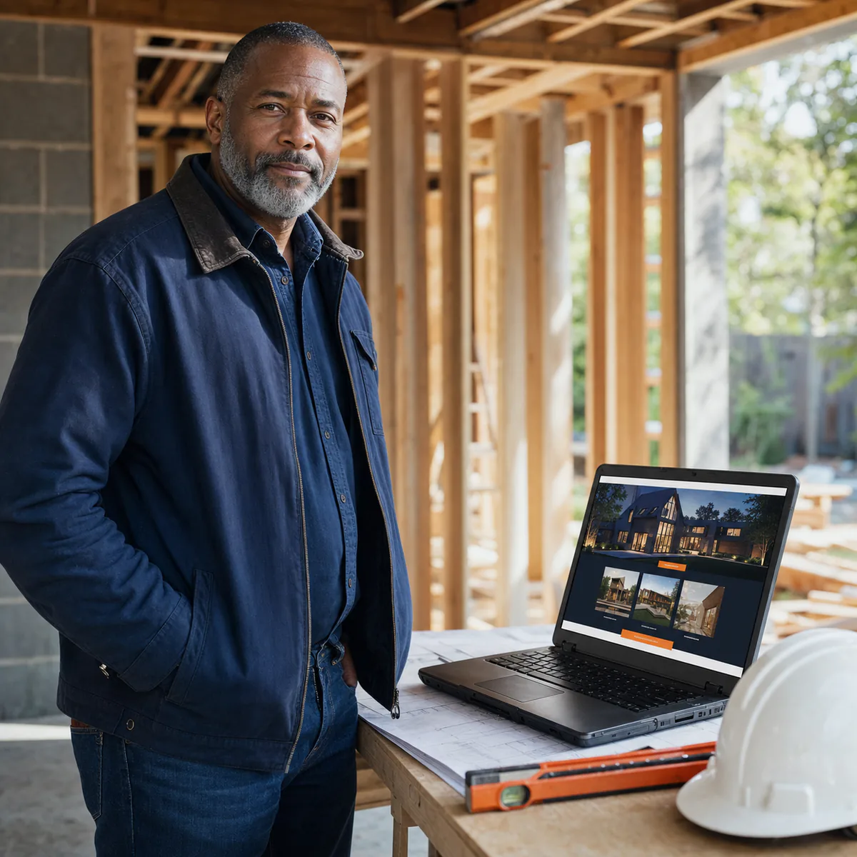 General contractor reviewing his construction company website at a residential job site
