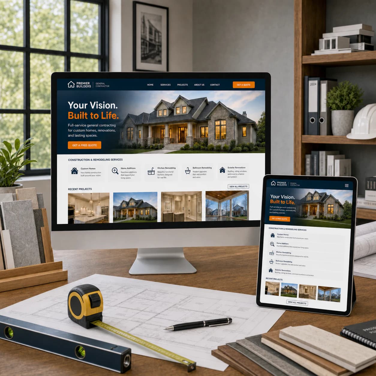General contractor website displayed on a desktop monitor and tablet