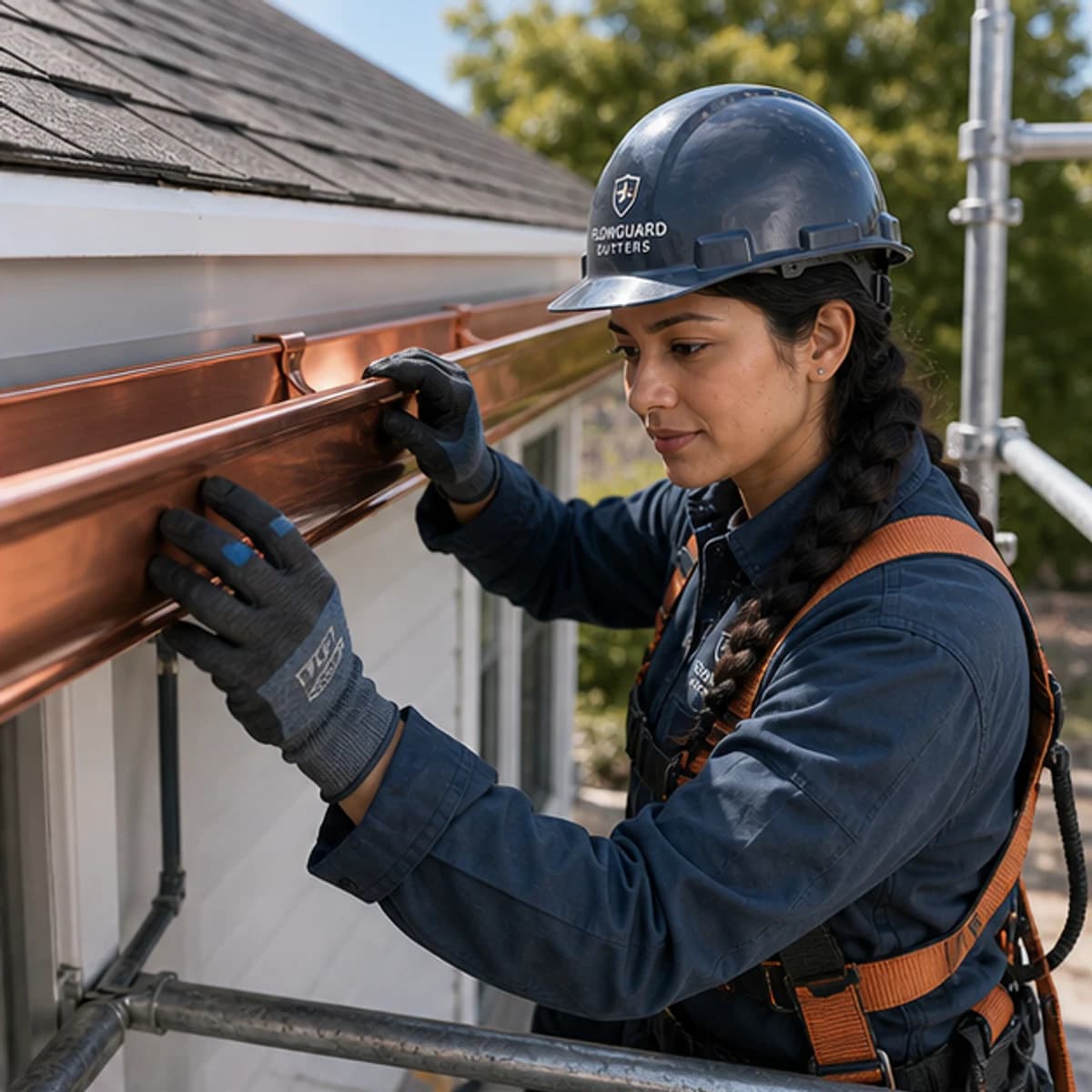 Installer fitting a seamless gutter along a residential roofline