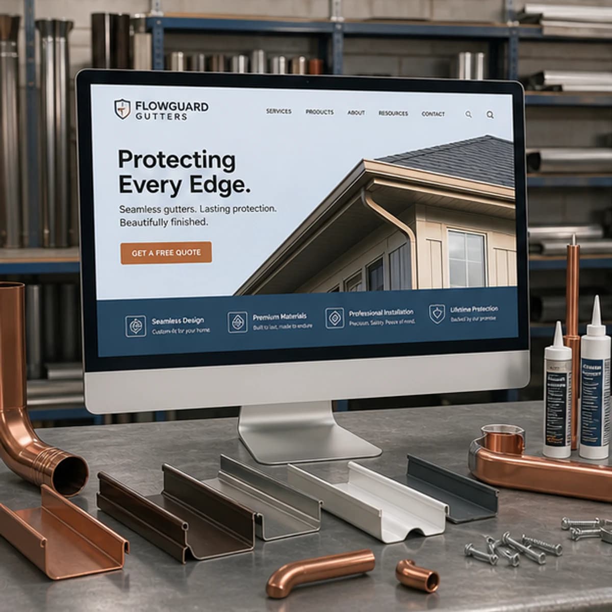 FlowGuard Gutters website displayed on a desktop monitor