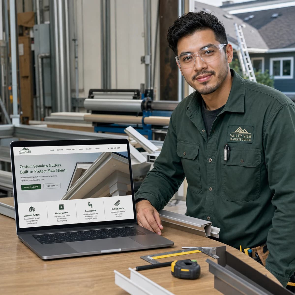 Seamless gutter installer presenting a company website from his workshop