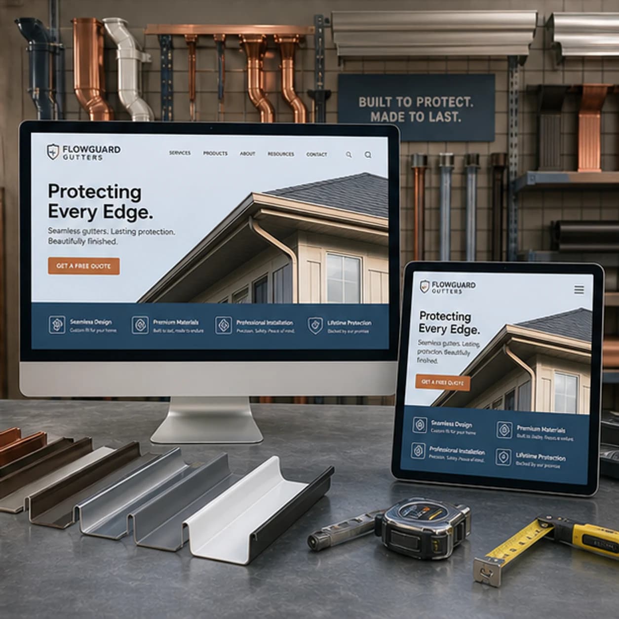 FlowGuard Gutters website displayed on a desktop monitor and tablet