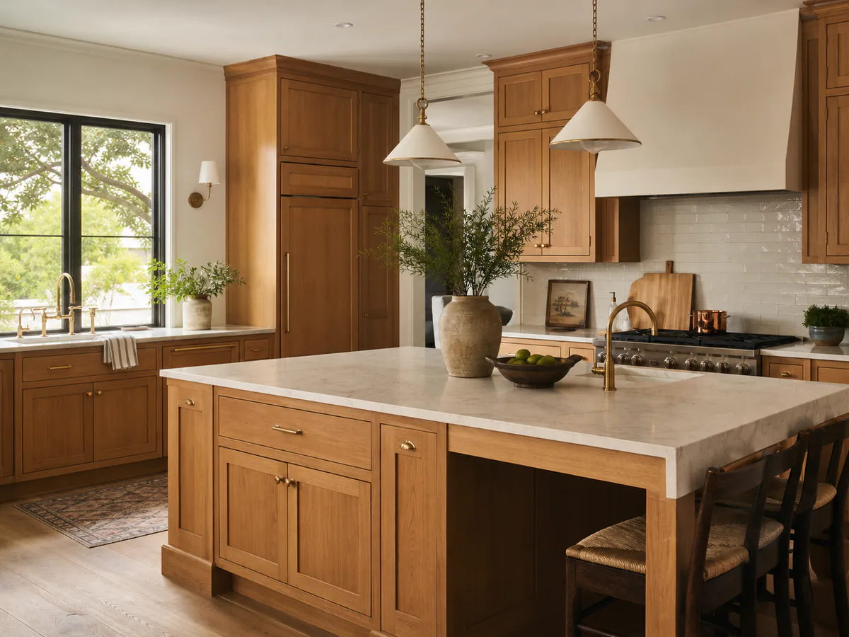Completed custom kitchen remodel with warm oak cabinets and a stone island
