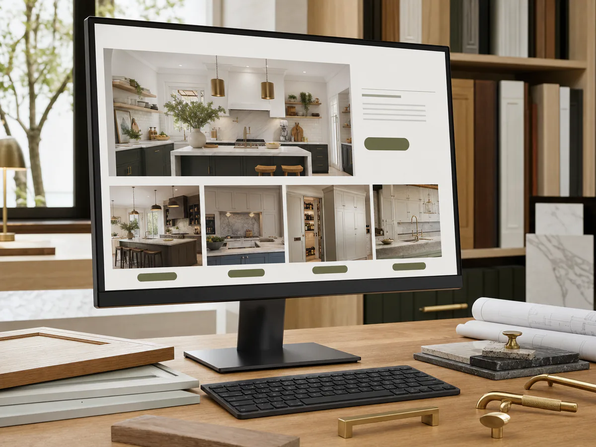 Kitchen remodeling company website displayed on a desktop monitor