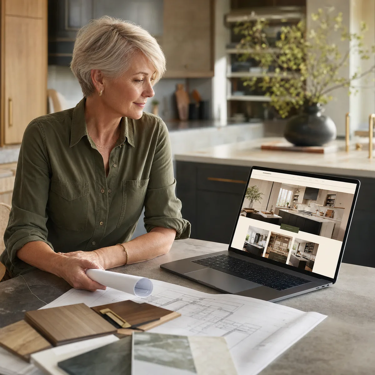 Kitchen remodeling specialist reviewing her company website beside plans and material samples