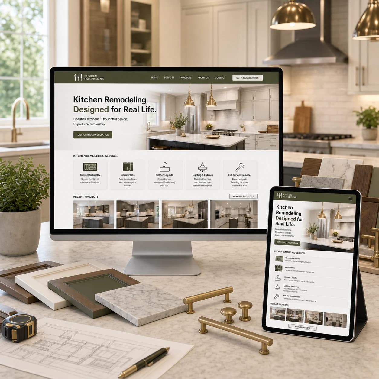 Kitchen remodeling website displayed on a desktop monitor and tablet