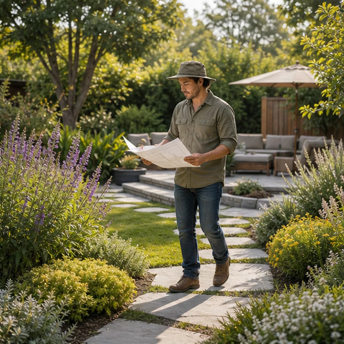 Landscape designer inspecting a completed garden and patio