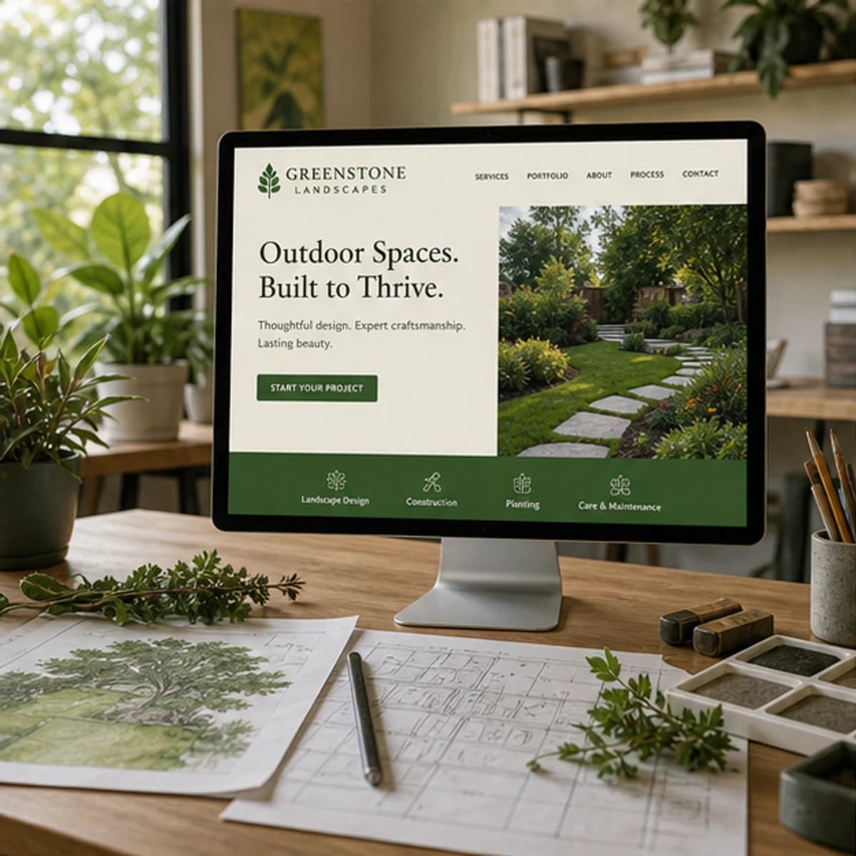 Greenstone Landscapes website displayed on a desktop monitor