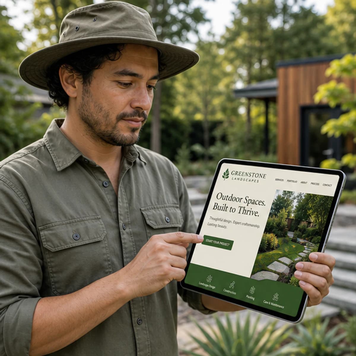 Landscape designer reviewing the Greenstone website in a finished backyard