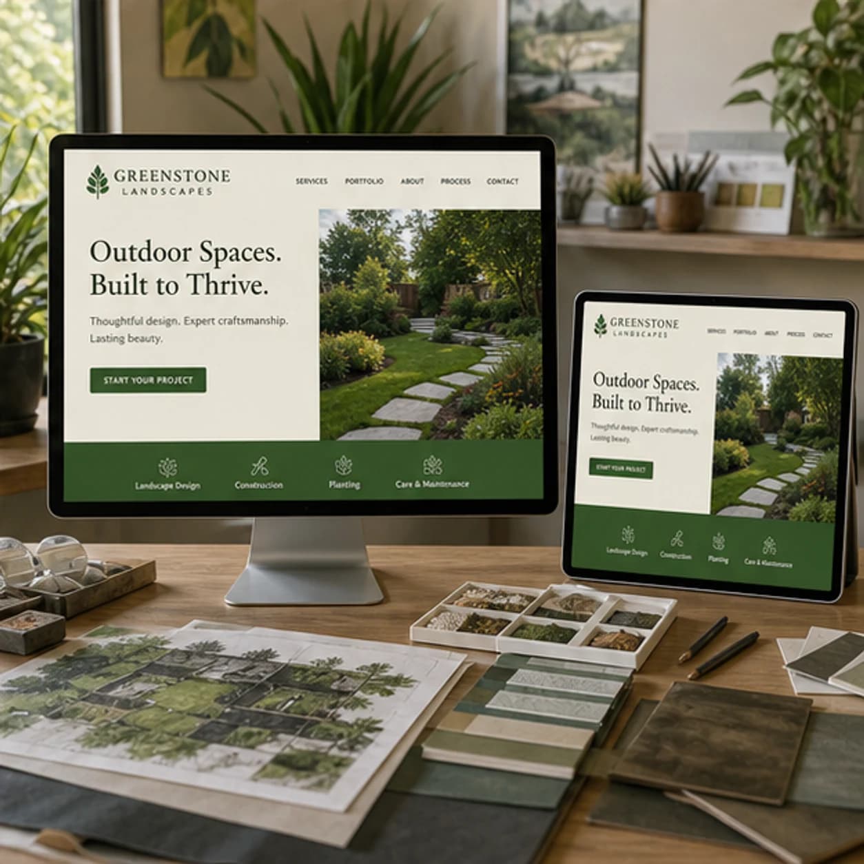 Greenstone Landscapes website displayed on a desktop monitor and tablet