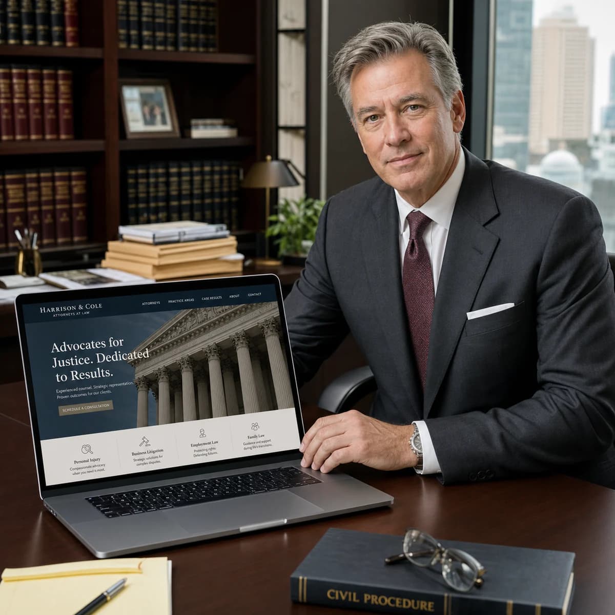Attorney presenting a law firm website from his office