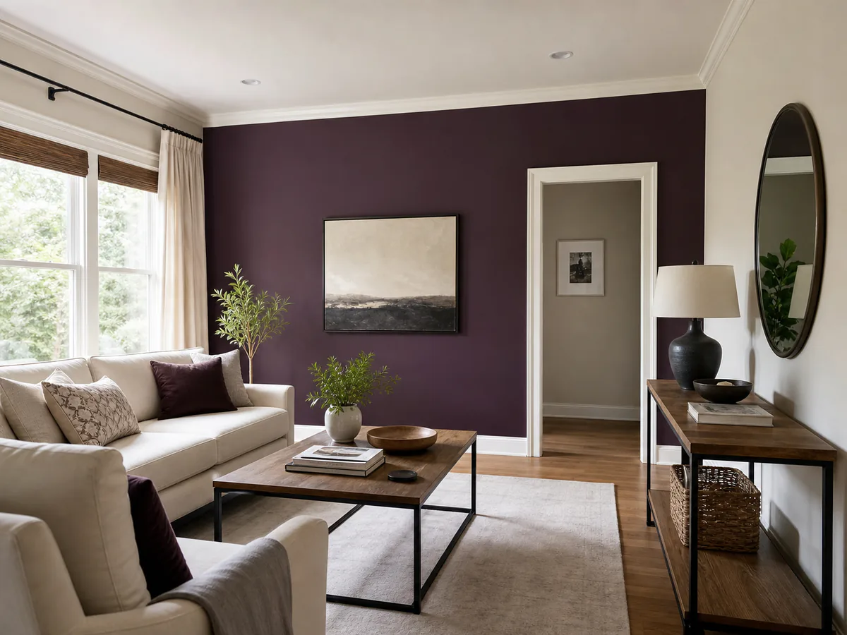 Freshly painted living room with a deep plum accent wall and crisp white trim