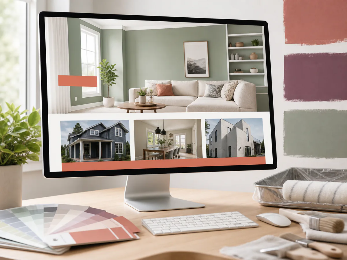 Painting contractor website displayed on a desktop monitor in a color studio