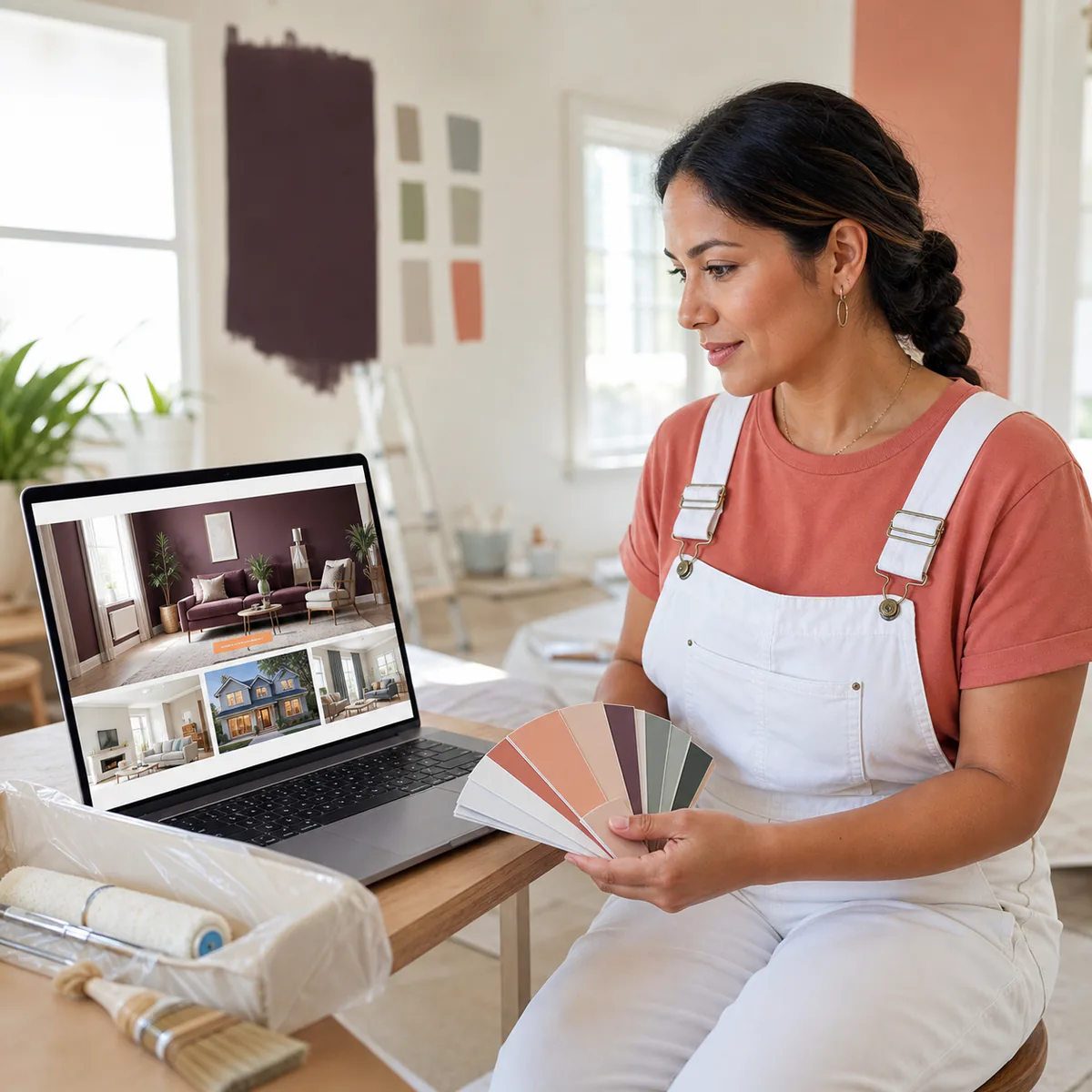 Painting contractor reviewing her company website with a fan of paint color samples