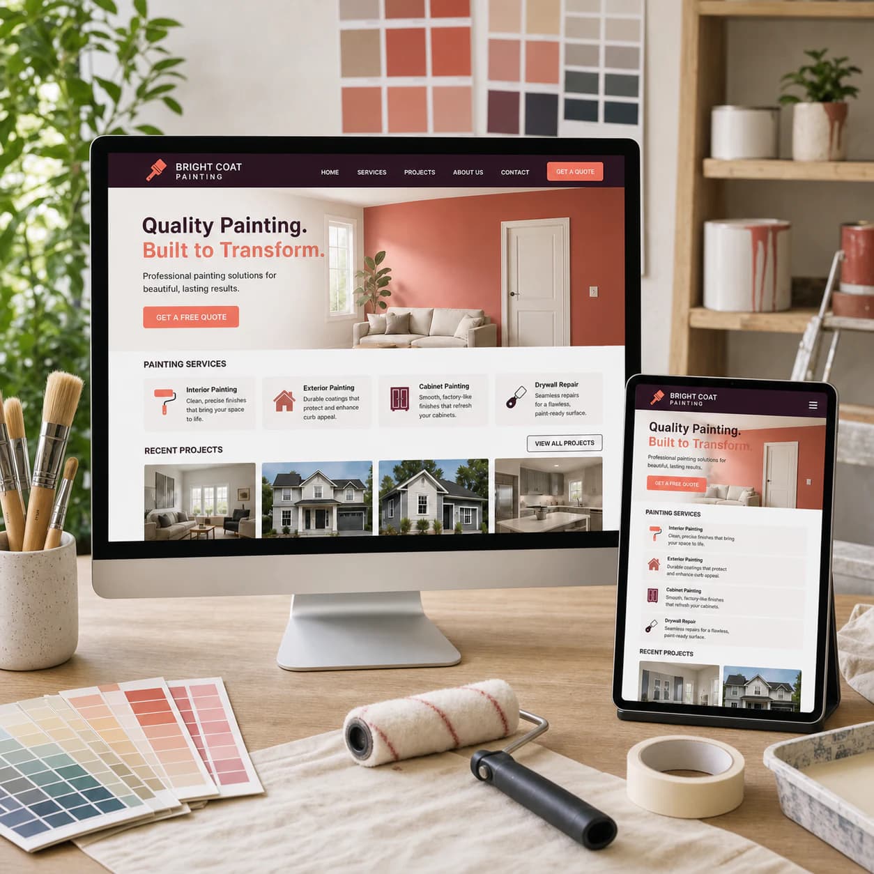 Painting contractor website displayed on a desktop monitor and tablet