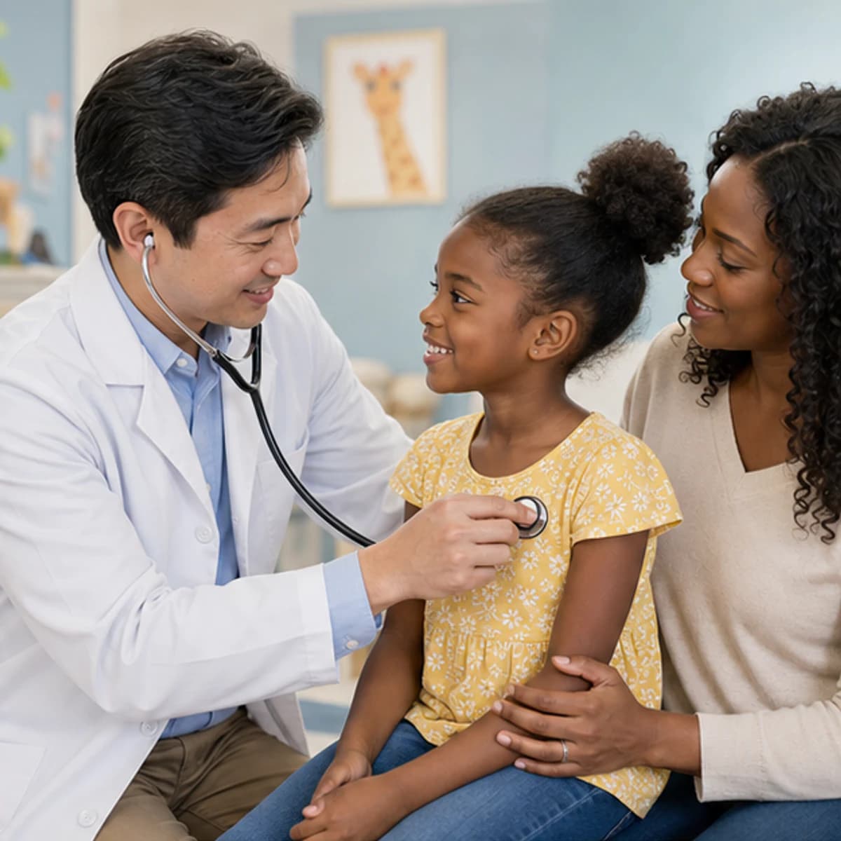 Pediatrician listening to a young patient's heartbeat with her mother present
