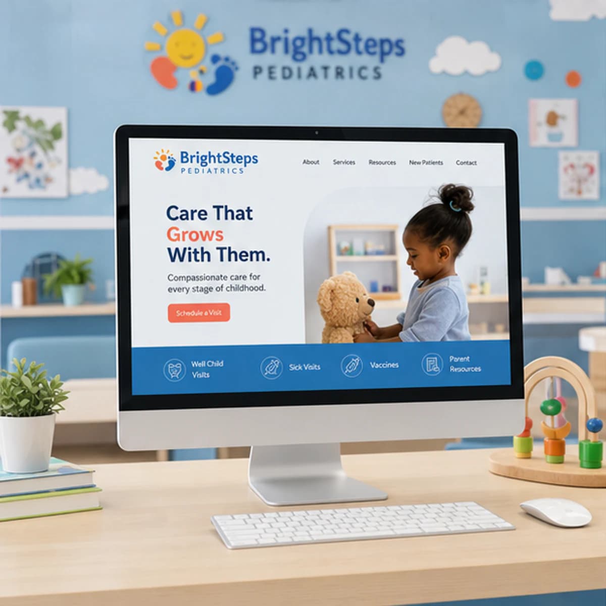 BrightSteps Pediatrics website displayed on a desktop monitor