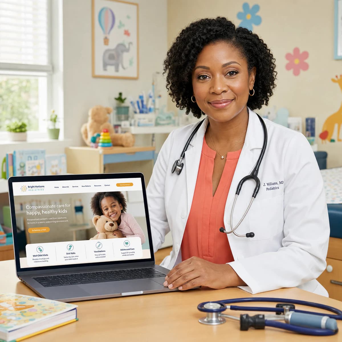 Pediatrician presenting a clinic website in a child-friendly exam room