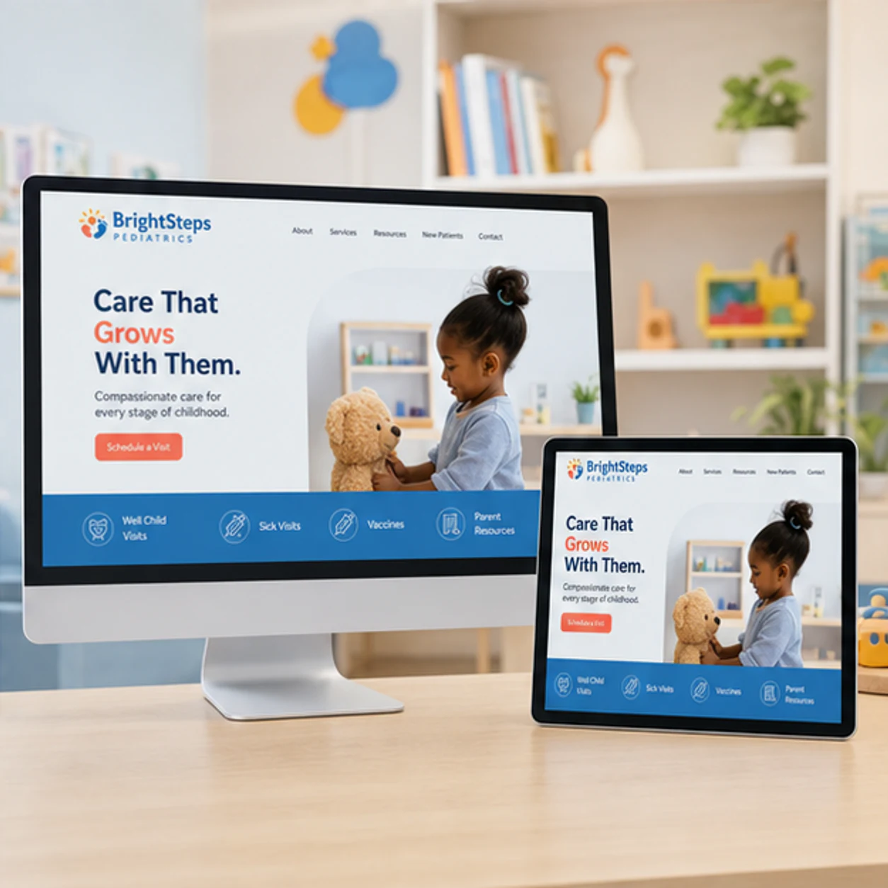 BrightSteps Pediatrics website displayed on a desktop monitor and tablet